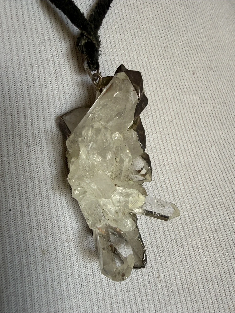 Raw Crystal Pendant Suede Cord Necklace - Black